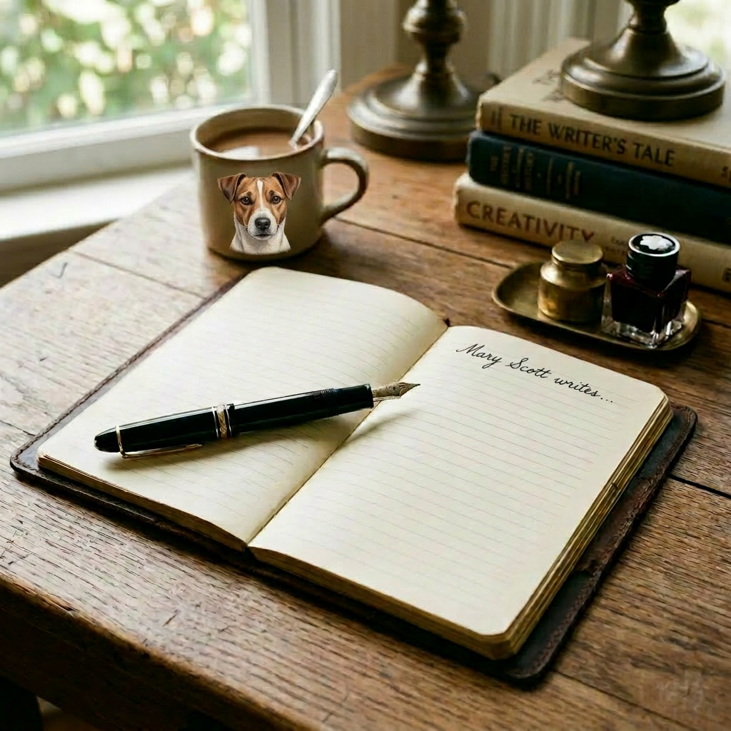 Open journal with fountain pen and handwritten notes on a wooden desk with books, ink bottle, and a mug labeled WORK IN PROGRESS